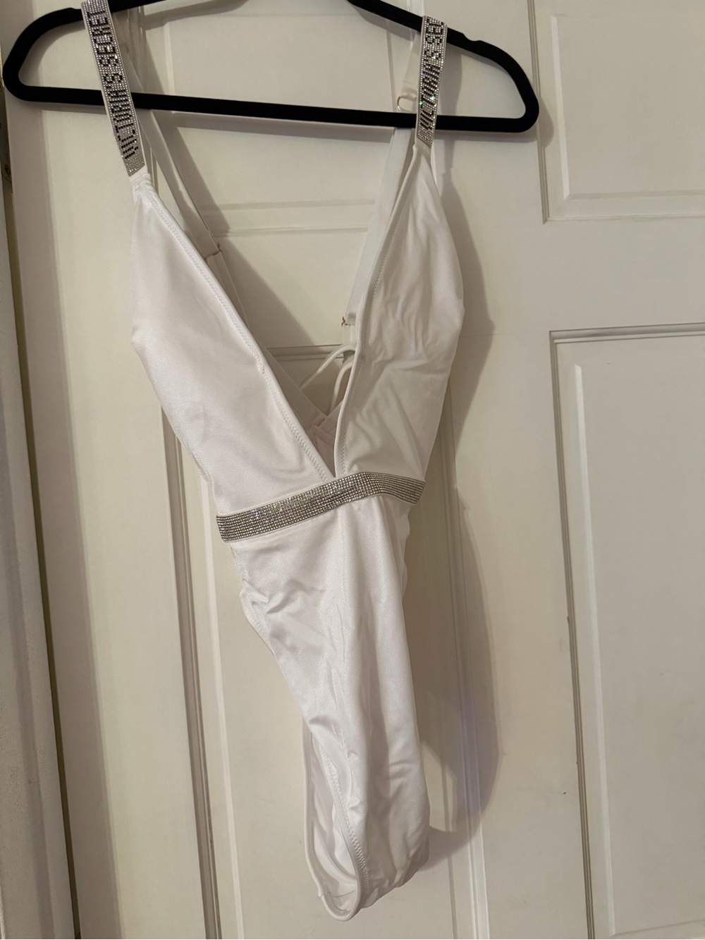 Victoria's Secret White Embellished Deep V One-Piece Swimsuit
